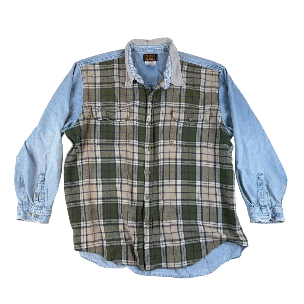 Vintage Grunge Plaid Flannel Cotton Denim Mixed Media 2XL Faded Glory